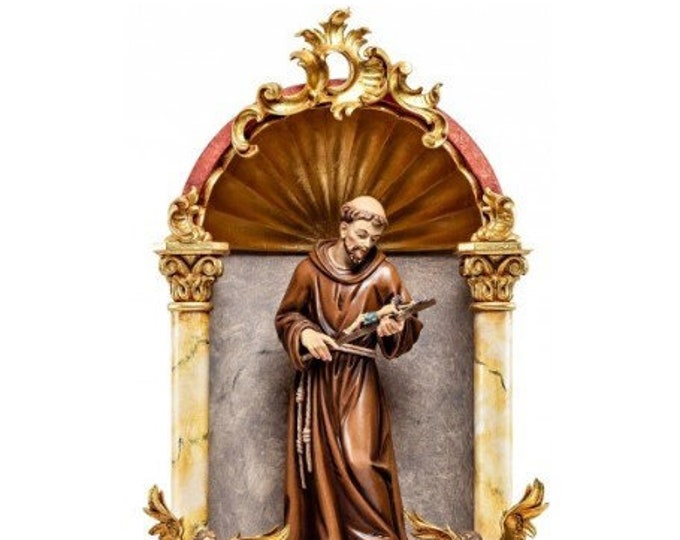 Statue of Saint Francis of Assisi, in a baroque home altar, carved in Italian-made Valgardena wood