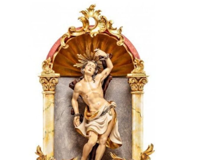 Statue of San Sebastiano, in a baroque domestic altar, carved in Italian-made Valgardena wood