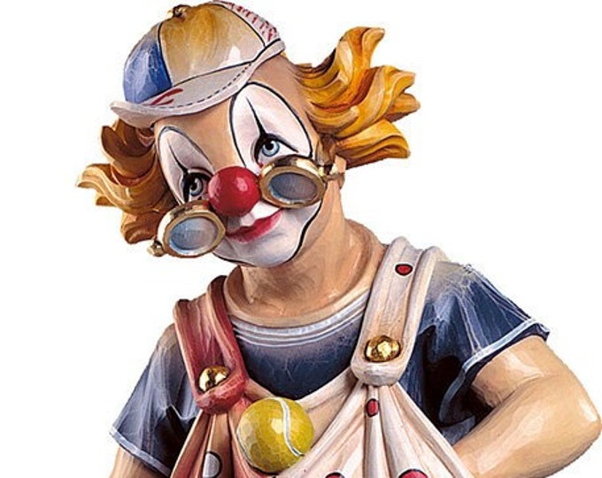 Clown Tennis Player Statue carved in Valgardena wood and hand-decorated, of Italian artisan production