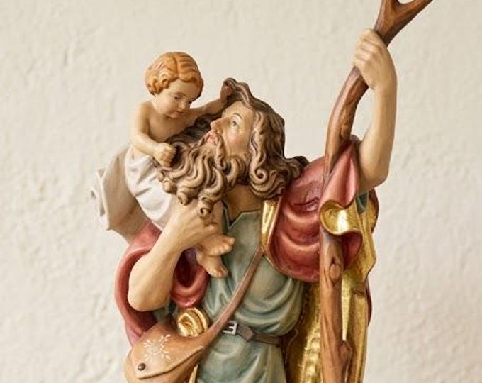 Statue of Saint Christopher carved from Valgardena wood and hand-decorated, handcrafted in Italy.