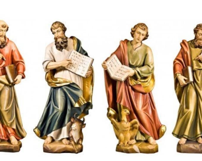 Set of 4 Statues of the Holy Evangelists carved in Valgardena wood and hand-decorated, of Italian artisan production