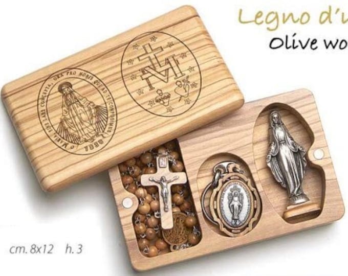 Rosary key ring and statue of the Miraculous Madonna, with deluxe case in national olive wood of Italian artisan production