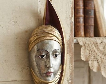 Hanging moon sculpture, carved from Valgardena wood and hand-decorated, handcrafted in Italy.