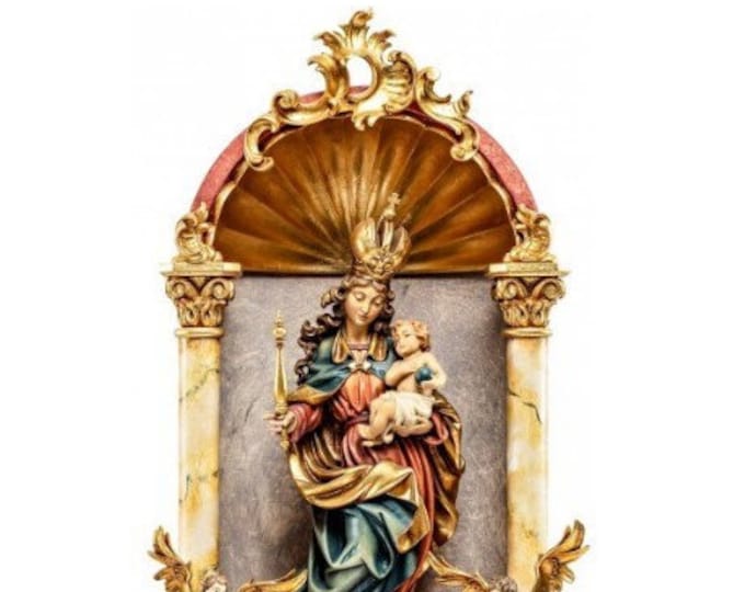 Statue of the Baroque Madonna on a pedestal in a baroque home altar, carved in Valgardena wood of Italian production