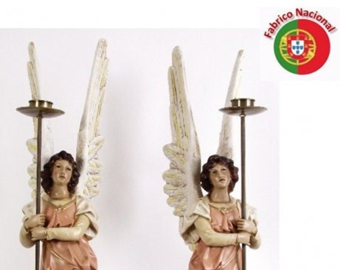 Pair of angels with candlestick cm 87 x 16,5 (34,25 x 6,49 inches) made of hand-decorated resin marble, handcrafted