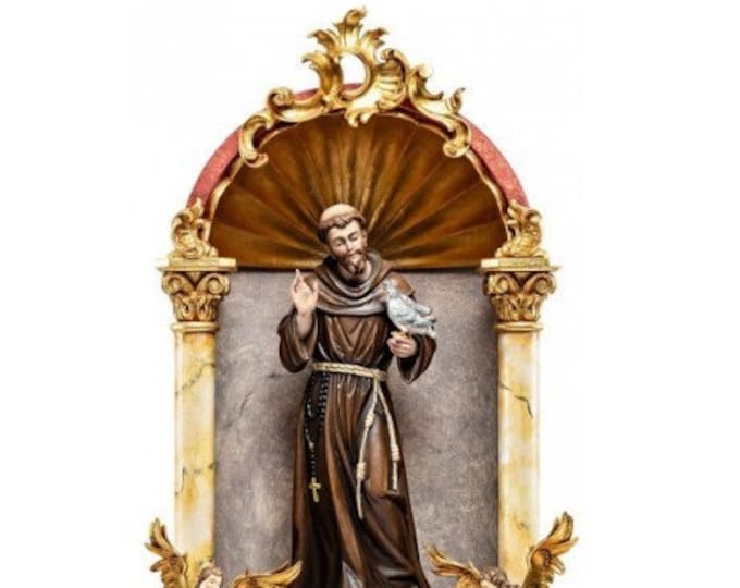 Statue of Saint Francis of Assisi, in a baroque home altar, carved in Italian-made Valgardena wood