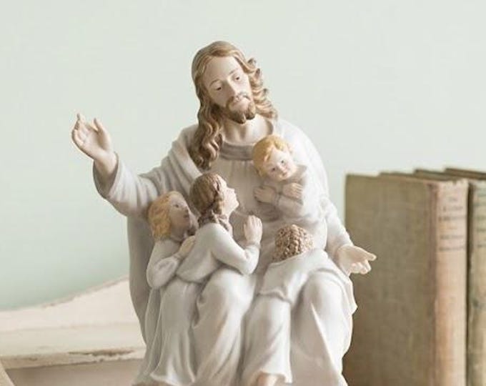 Statue of Jesus Christ with children, 30 cm (11.81 inches) in alabaster powder, wooden base, hand decorated, made in Italy