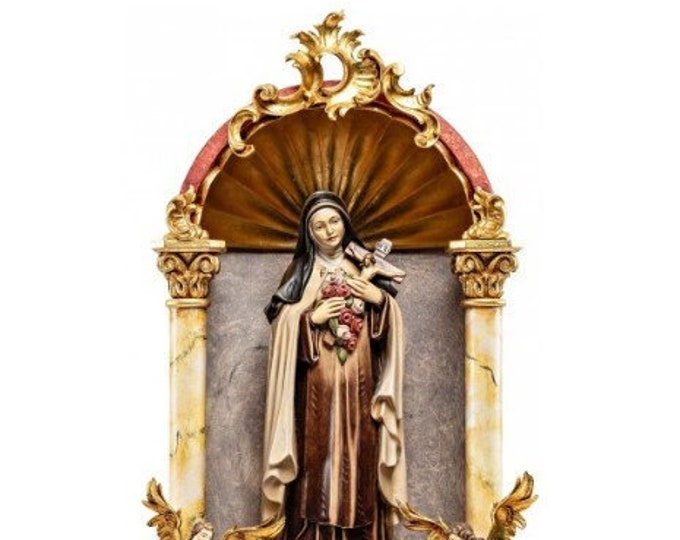 Statue of Saint Teresa of the Child Jesus, in a baroque home altar, carved in Valgardena wood of Italian production