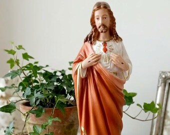 Statue of Jesus Sacred Heart cm 21.5 (8.46 inches) in plaster, hand decorated, Italian artisan production