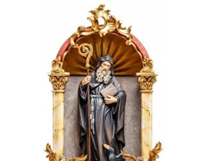 Statue of Saint Benedict of Norcia, in a baroque domestic altar, carved in Valgardena wood of Italian production