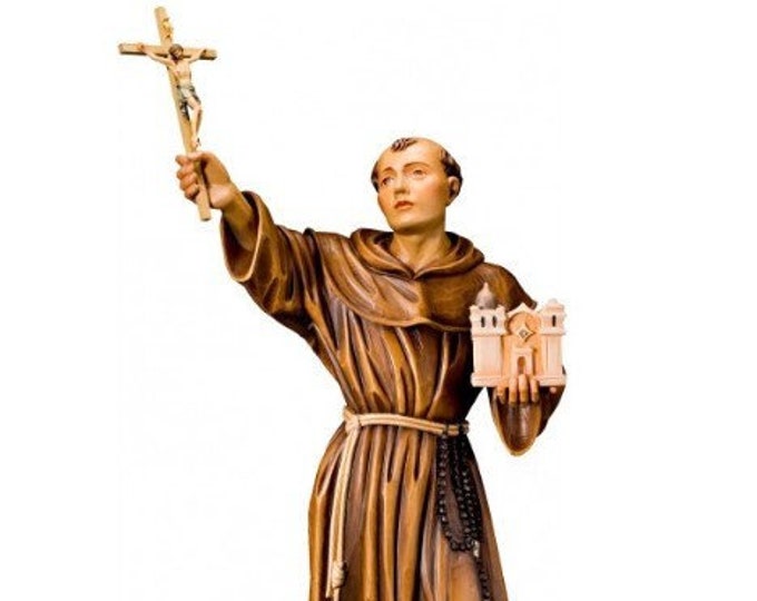 Statue of San Junipero Serra, carved in Valgardena wood and hand-decorated, of Italian artisan production