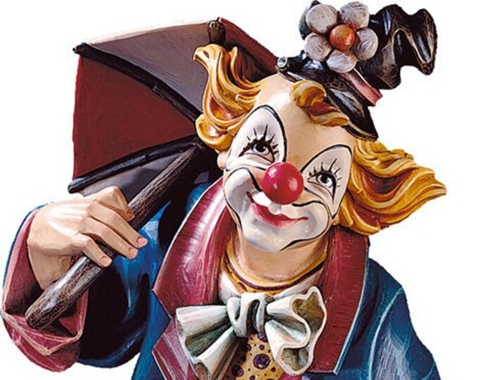 Clown in Love Statue carved in Valgardena wood and hand-decorated, of Italian artisan production