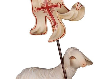 Statue sculpture of the Easter Lamb, carved in Valgardena wood and hand-decorated, of Italian artisan production