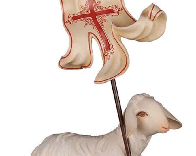 Statue sculpture of the Easter Lamb, carved in Valgardena wood and hand-decorated, of Italian artisan production