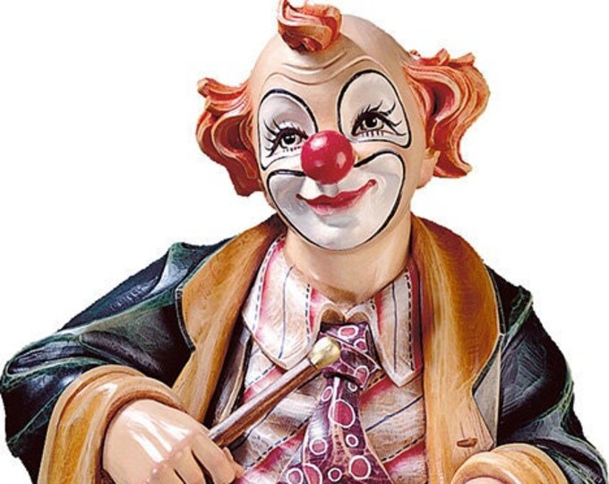 Clown Drummer Statue carved in Valgardena wood and decorated by hand, of Italian artisan production
