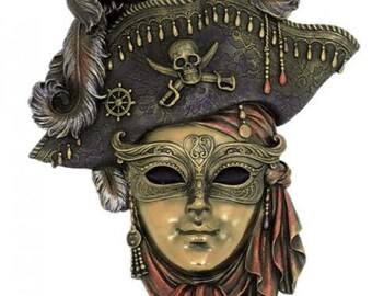 Venetian Pirate Mask, 30 cm (11.81 inches) in bronzed resin marble, handcrafted