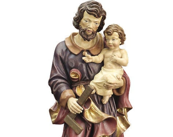 Statue of St. Joseph with baby Jesus and team carved in wood from Valgardena and decorated by hand of Italian artisan production