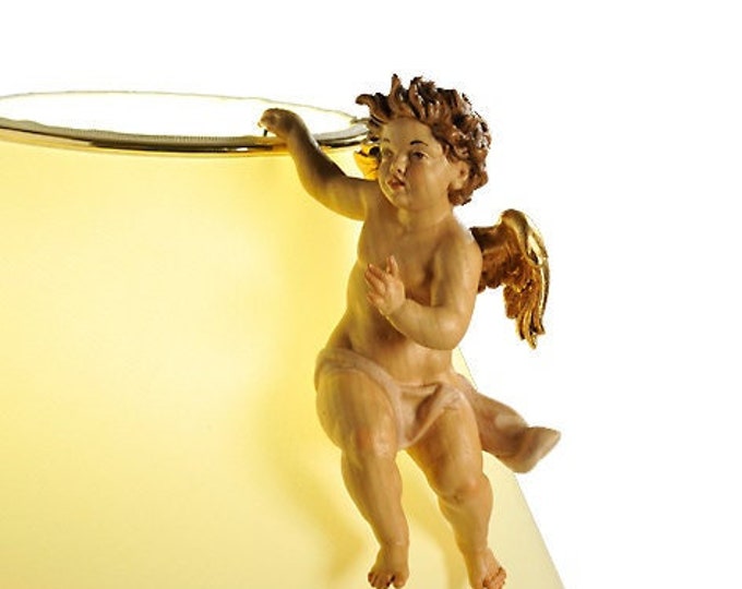 Angel to be applied to lamps, carved in Valgardena wood and hand-decorated, of Italian artisan production