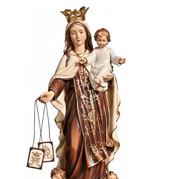 Statua della Madonna del Carmelo Carmine scolpita in legno della Valgardena e decorata a mano di produzione artigianale italiana