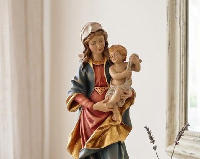 Statue of the Madonna and Child carved from Valgardena wood and hand-decorated, handcrafted in Italy.