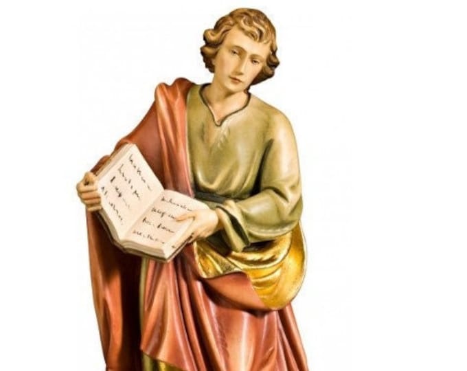 Statue of St. John the Evangelist carved in Valgardena wood and hand decorated, Italian artisan production