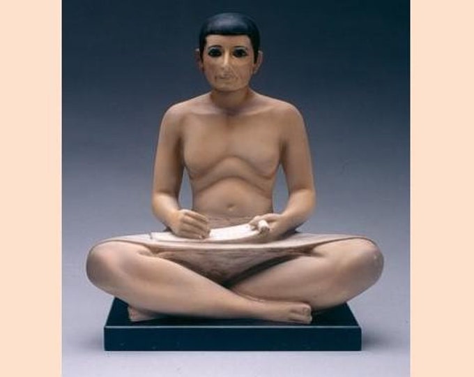 Classical Egyptian Art Sculpture "The Scribe" cm 20 x 27 (7.87 x 10.62 inc) hand-decorated alabaster dust, marble base, made in Italy
