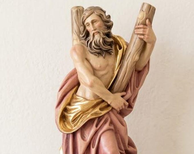 Statue of Saint Andrew carved in Valgardena wood, hand-decorated and handcrafted in Italy.