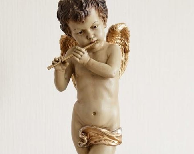 Angel statue with flute cm 50 x 13 (19.68 x 5.11 inches) in hand-decorated resin, artisanal production for outdoor and indoor use.