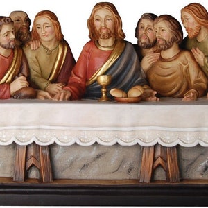 Estatua escultura de la Última Cena, tallada en madera de Valgardena y decorada a mano de producción artesanal italiana