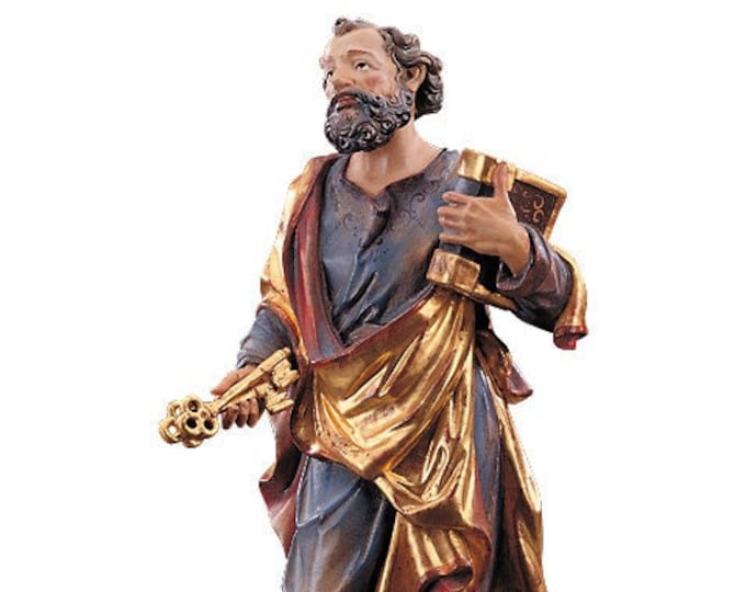Statue of St. Peter carved in wood from Valgardena and decorated by hand of Italian artisan production