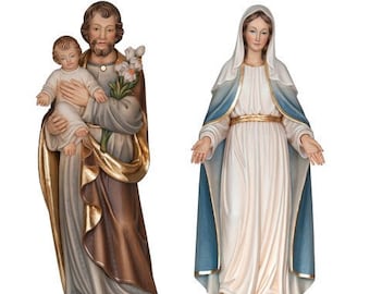 Pair of statues: Madonna delle Grazie and Saint Joseph with child carved in Valgardena wood, hand decorated, Italian production