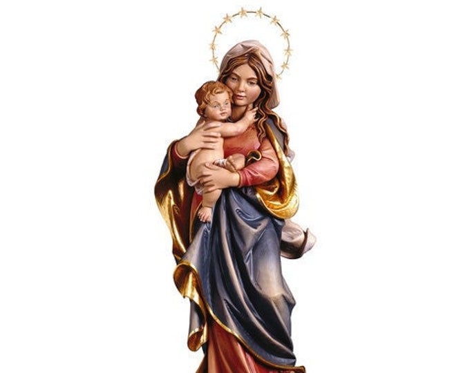 Statue of the Madonna with baby Jesus, brass rays, carved in wood from Valgardena hand-decorated Italian handicraft production