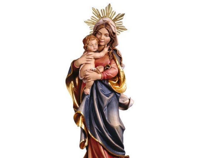 Statue of the Madonna delle Alpi with radial, carved in Valgardena wood and hand-decorated with Italian artisan production
