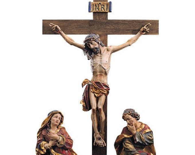 Sculpture crucifixion of Jesus to be placed 30 cm (11,81 inches) carved in wood from Valgardena and decorated by hand Italian production