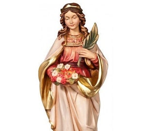 Statue of Saint Dorothy with roses carved in Valgardena wood and hand-decorated, of Italian artisan production