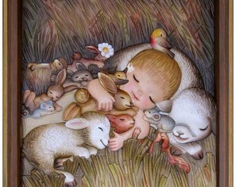 Bas-relief sculpture "Birth", carved in wood of Valgardena decorated by hand of Italian artisan production gift idea