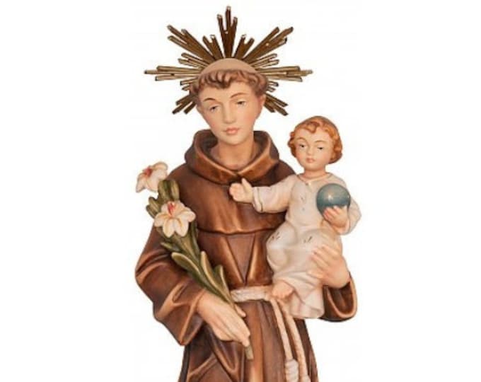 Statue of Saint Anthony of Padua carved in Valgardena wood and hand-decorated, of Italian artisan production