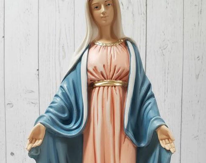 Statue of the Miraculous Madonna, Immaculate Conception, pink robe in marble resin decorated by hand, Italian artisan production