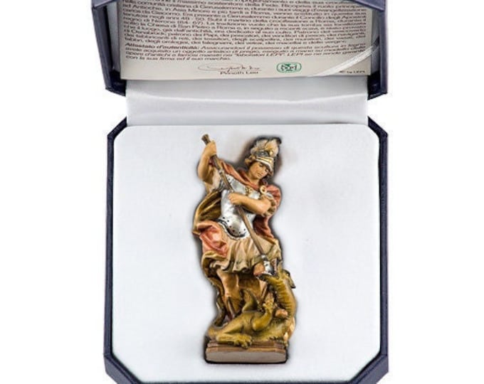 Statue of Saint George with deluxe case carved in Valgardena wood, hand decorated, Italian artisan production