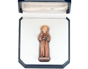 Statue of Saint Padre Pio with deluxe case carved from Valgardena wood and hand-decorated, handcrafted in Italy.