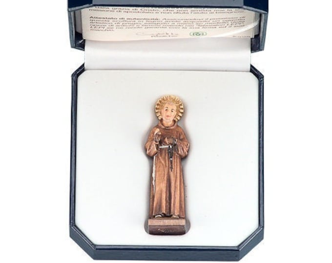 Statue of San Padre Pio with deluxe case carved in Valgardena wood and hand-decorated with Italian handicraft production
