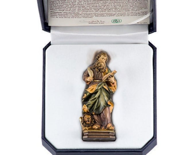 Statue of St. Mark the Evangelist with deluxe case carved in wood of Valgardena hand-decorated of Italian craftsmanship