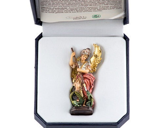 Deluxe statue of St. Michael the Archangel carved in Val Gardena wood decorated by hand of Italian artisan production