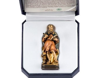 Statue of Saint Luke the Evangelist with deluxe case carved in Valgardena wood, hand-decorated, Italian artisan production.