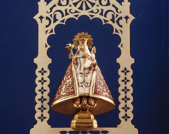 Statue of The Madonna of Cavadonga in the niche, carved in valgardena wood decorated by hand of Italian production
