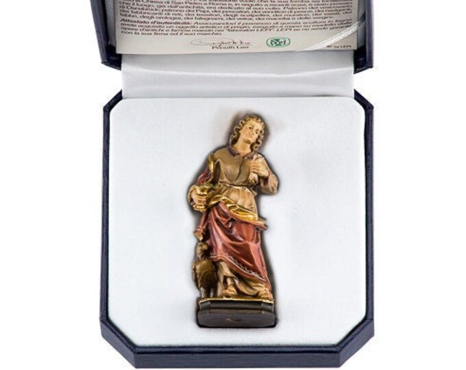 Statue of St. John the Evangelist with deluxe case carved in hand-decorated Valgardena wood of Italian artisan production