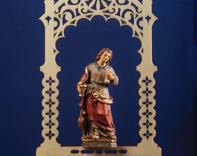 Statue of St. John the Evangelist in the niche, carved in hand-decorated Val Gardena wood of Italian production