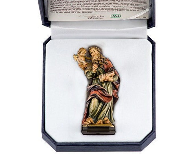 Statue of St. Matthew the Evangelist with deluxe case carved in Valgardena wood decorated by hand of Italian artisan production