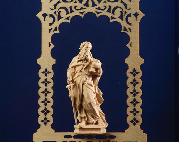 Statue of St. Paul the Apostle in the niche, carved in hand-decorated Val Gardena wood of Italian production