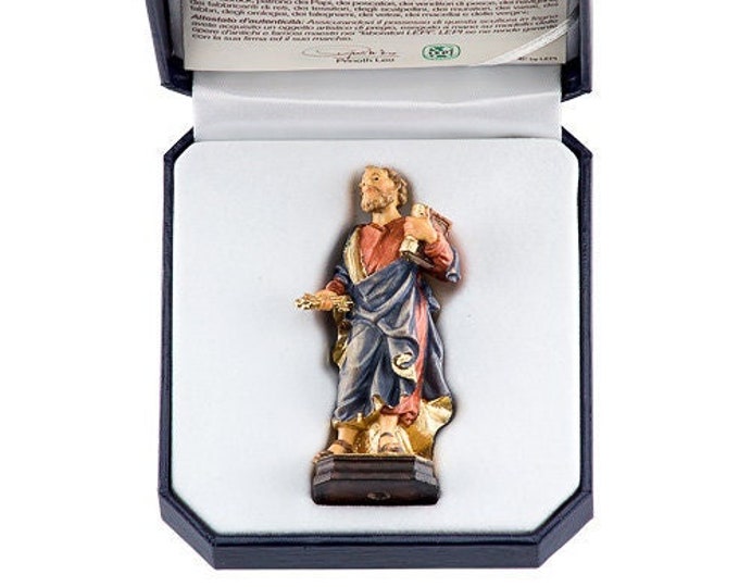 Statue of Saint Peter with deluxe case carved in Valgardena wood hand decorated Italian artisan production